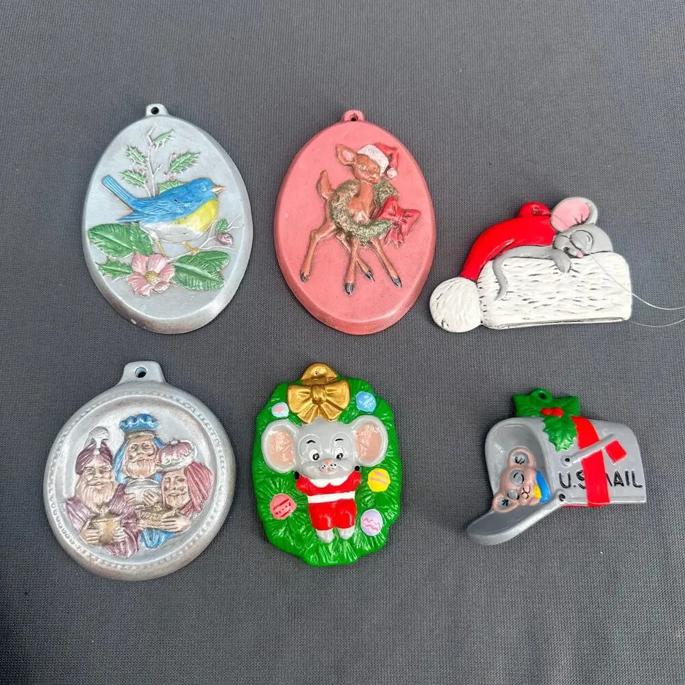VTG Hand Painted Christmas Ornaments Lot of 6 Kitschy Holiday Mouse Deer Bird US